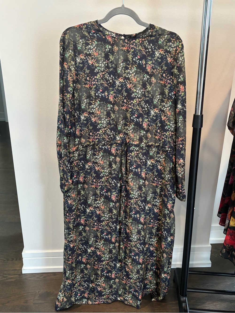 Zara Black Floral Midi Dress with Multicolor Ditsy Print